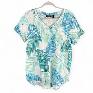 NWOT TAHARI Women’s 100% Cotton Lightweight Palm Print White T-Shirt V-Neck 1X